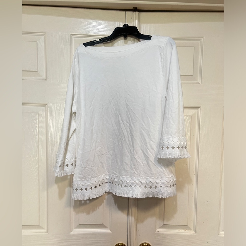 Talbots White Lace-Trim 3/4 Sleeve pima cotton Tunic blouse minimalist size XL